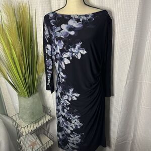 Lauren Ralph Lauren Size 16 Blue Floral Midi Dress Side Ruching 3/4 Sleeves